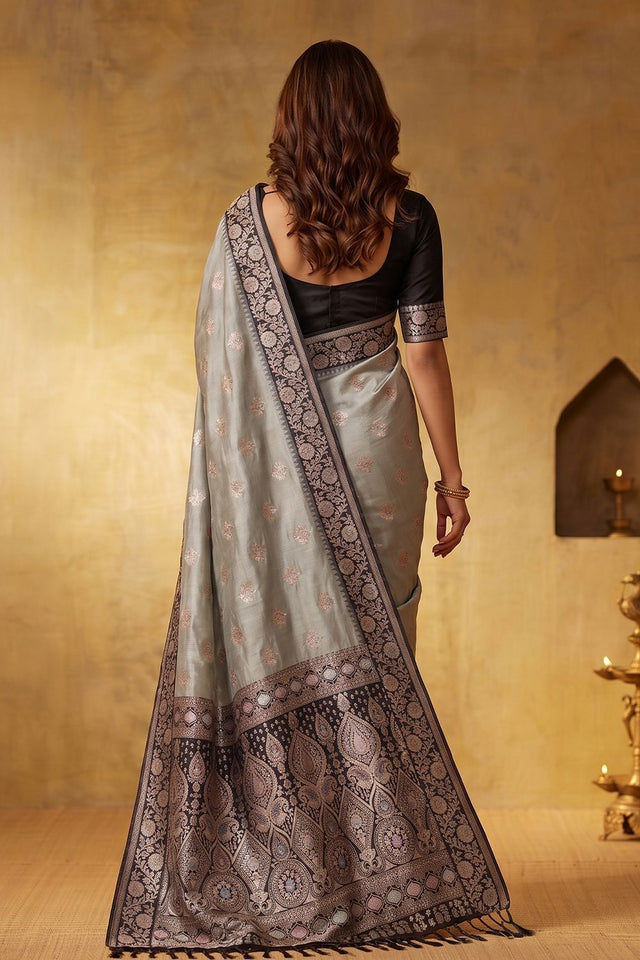 Grey Zari Woven Silk Blend Saree (ACB1493)