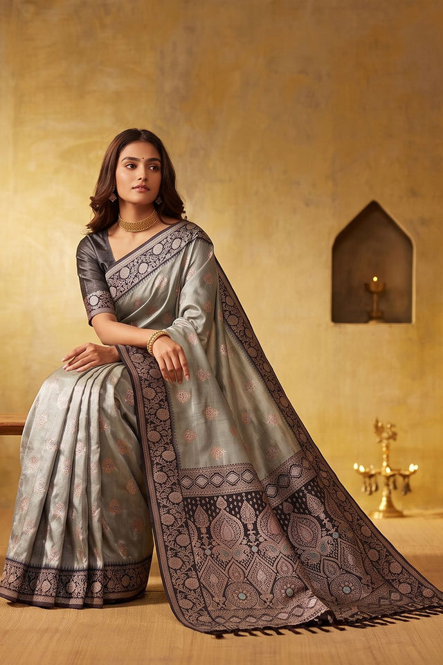 Grey Zari Woven Silk Blend Saree (ACB1493)