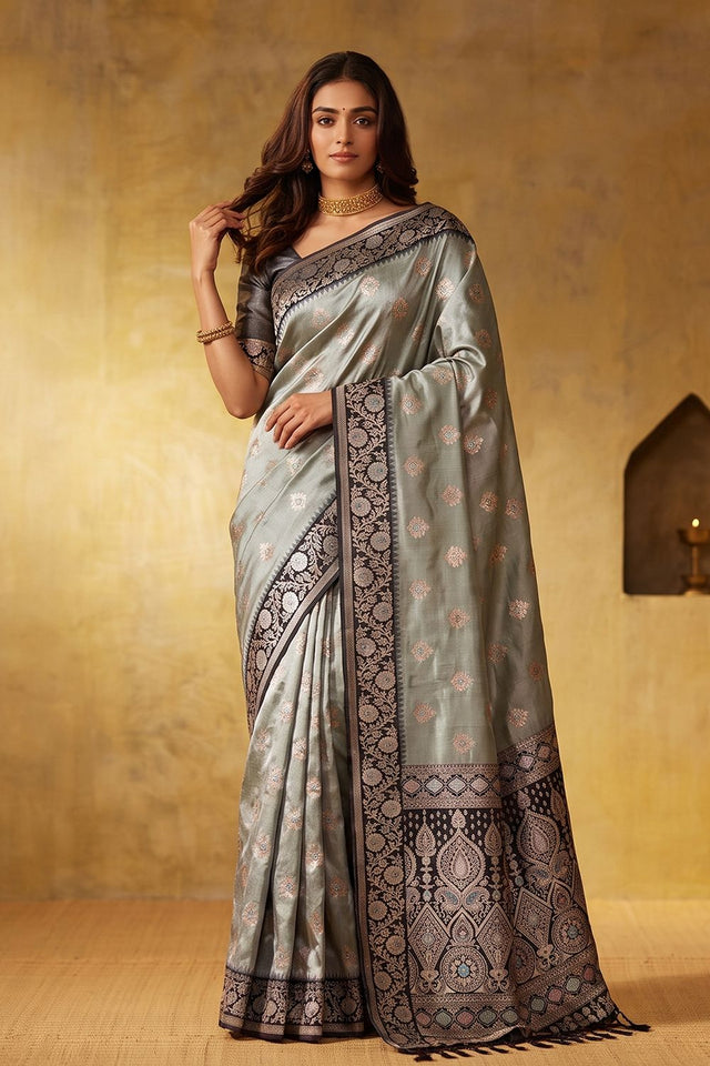 Grey Zari Woven Silk Blend Saree (ACB1493)