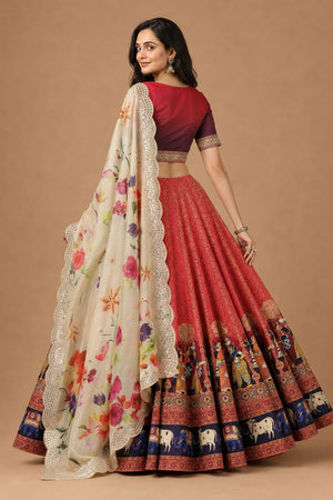 Red Printed Satin Silk Lehenga (ACB1494)