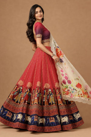 Red Printed Satin Silk Lehenga (ACB1494)