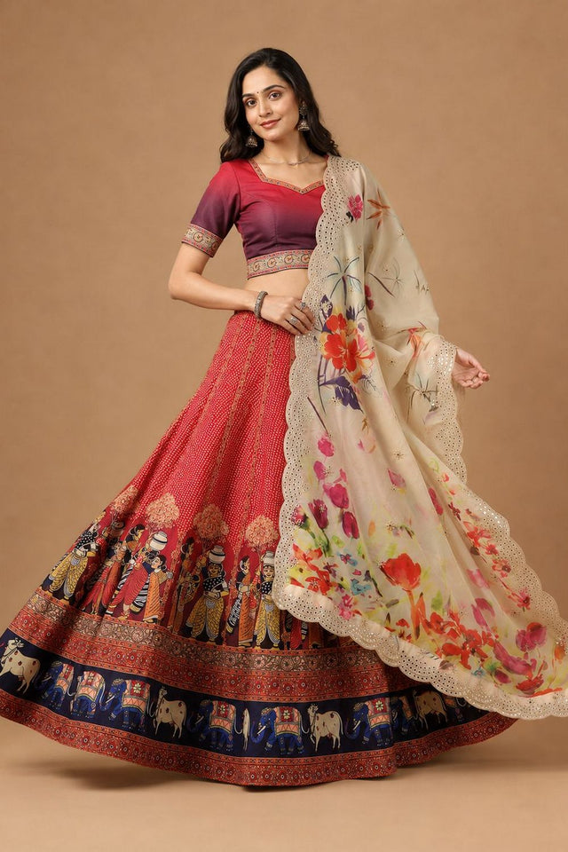 Red Printed Satin Silk Lehenga (ACB1494)