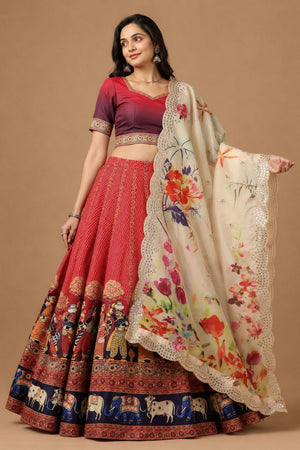 Red Printed Satin Silk Lehenga (ACB1494)
