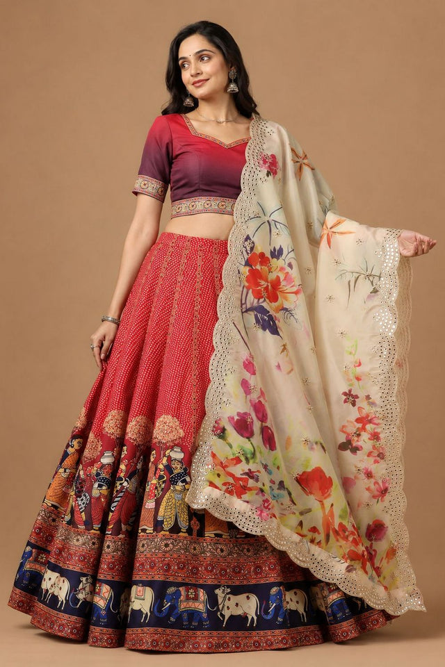 Red Printed Satin Silk Lehenga (ACB1494)