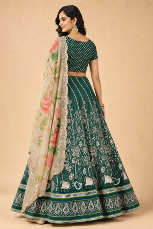 Green Floral Printed Satin Silk Lehenga (ACB1496)