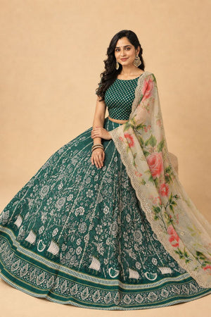 Green Floral Printed Satin Silk Lehenga (ACB1496)