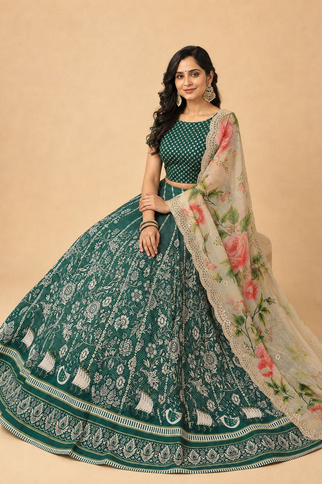 Green Floral Printed Satin Silk Lehenga (ACB1496)