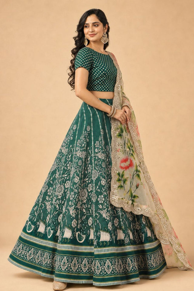 Green Floral Printed Satin Silk Lehenga (ACB1496)