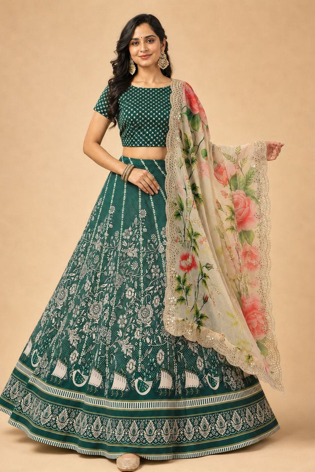 Green Floral Printed Satin Silk Lehenga (ACB1496)