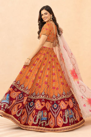 Orange Floral Printed Satin Silk Lehenga (ACB1497)