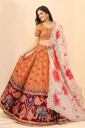 Orange Floral Printed Satin Silk Lehenga (ACB1497)