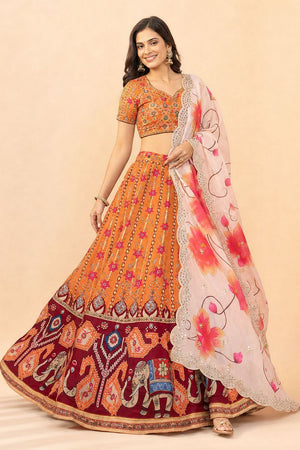 Orange Floral Printed Satin Silk Lehenga (ACB1497)