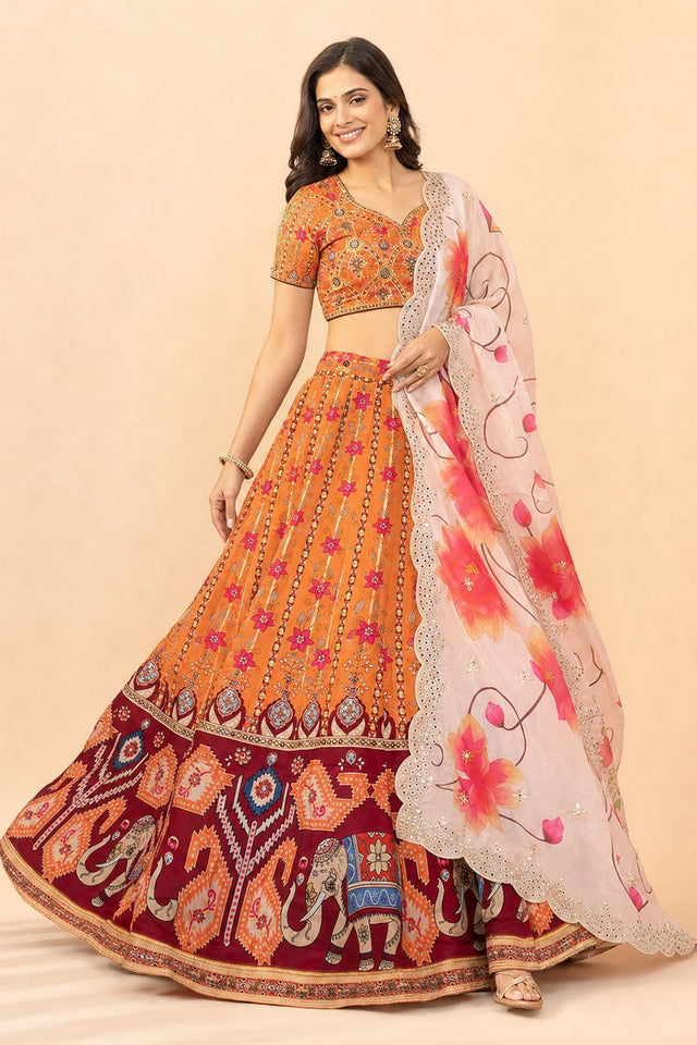 Orange Floral Printed Satin Silk Lehenga (ACB1497)