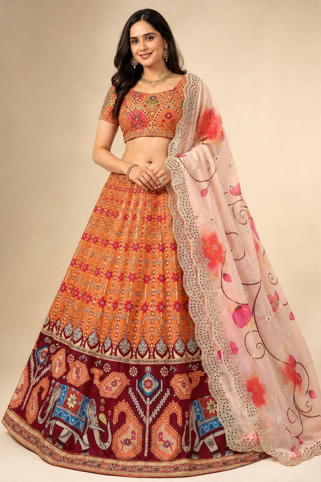 Orange Floral Printed Satin Silk Lehenga (ACB1497)