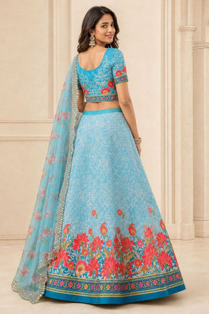 Blue Floral Printed Satin Silk Lehenga (ACB1499)