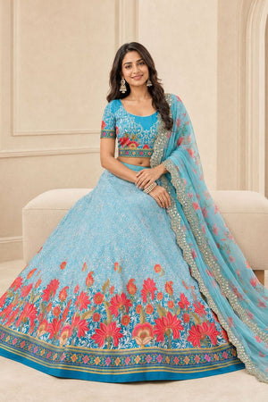 Blue Floral Printed Satin Silk Lehenga (ACB1499)
