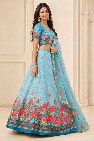 Blue Floral Printed Satin Silk Lehenga (ACB1499)