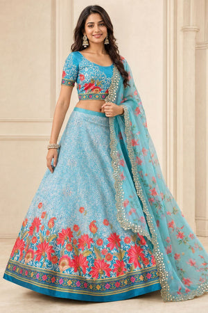 Blue Floral Printed Satin Silk Lehenga (ACB1499)