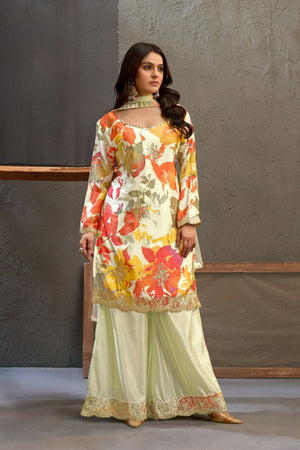 Cream Printed With Embroidered Chinon Palazzo Suits (ACB1500)