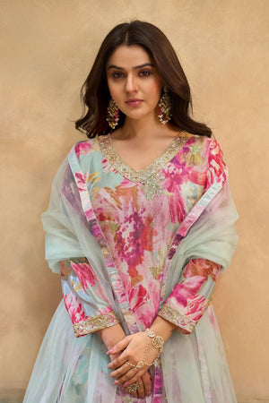 Pink Printed With Embroidered Chinon Palazzo Suits (ACB1501)