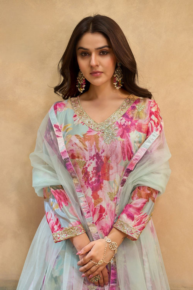 Pink Printed With Embroidered Chinon Palazzo Suits (ACB1501)
