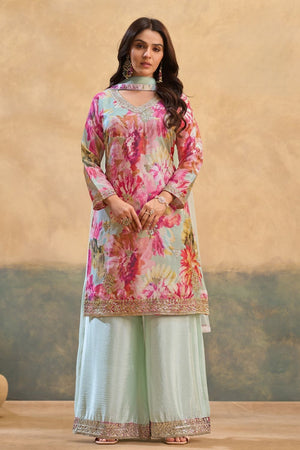 Pink Printed With Embroidered Chinon Palazzo Suits (ACB1501)