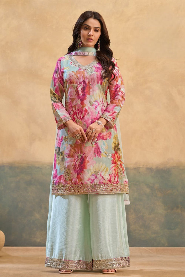 Pink Printed With Embroidered Chinon Palazzo Suits (ACB1501)