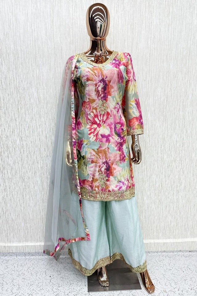 Pink Printed With Embroidered Chinon Palazzo Suits (ACB1501)