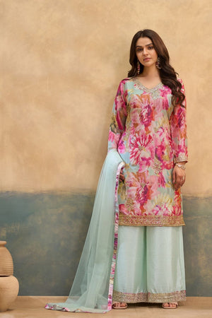 Pink Printed With Embroidered Chinon Palazzo Suits (ACB1501)