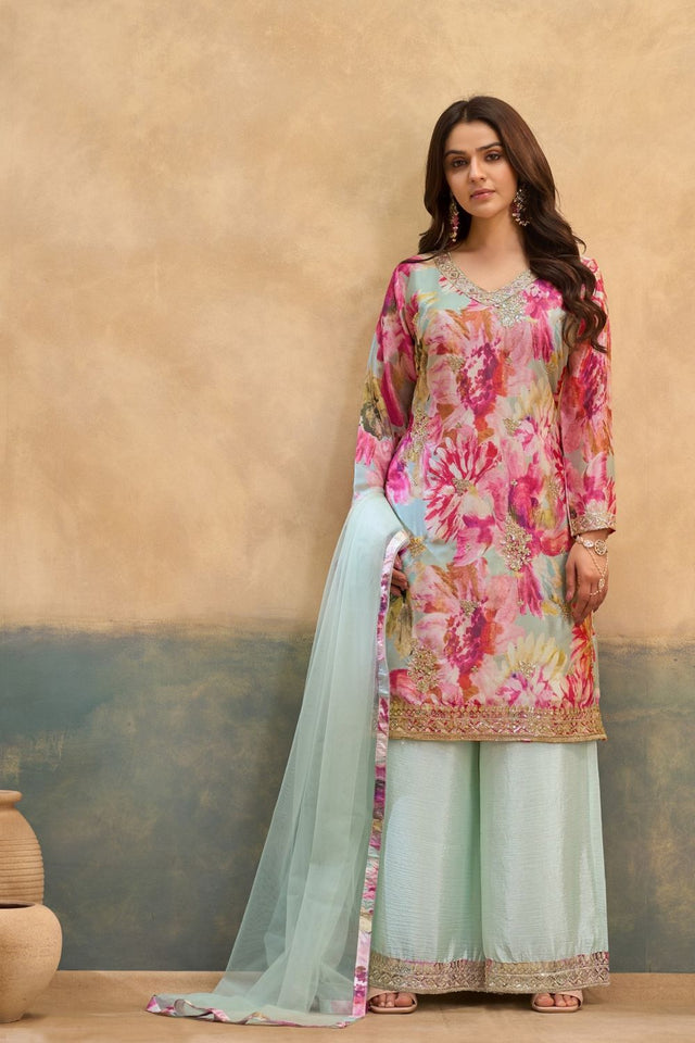 Pink Printed With Embroidered Chinon Palazzo Suits (ACB1501)