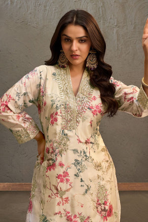 Off White Printed With Embroidered Chinon Palazzo Suits (ACB1502)
