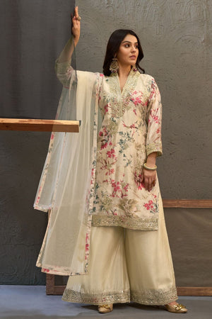Off White Printed With Embroidered Chinon Palazzo Suits (ACB1502)