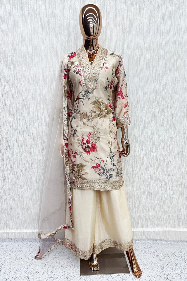 Off White Printed With Embroidered Chinon Palazzo Suits (ACB1502)