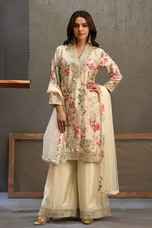 Off White Printed With Embroidered Chinon Palazzo Suits (ACB1502)