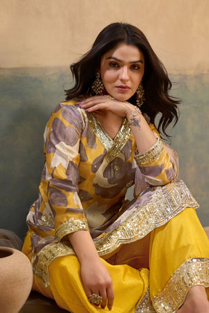 Yellow Printed With Embroidered Chinon Palazzo Suits (ACB1503)