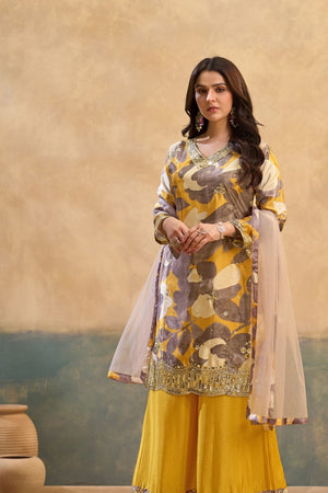 Yellow Printed With Embroidered Chinon Palazzo Suits (ACB1503)