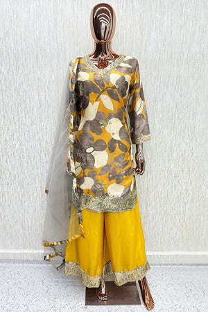 Yellow Printed With Embroidered Chinon Palazzo Suits (ACB1503)