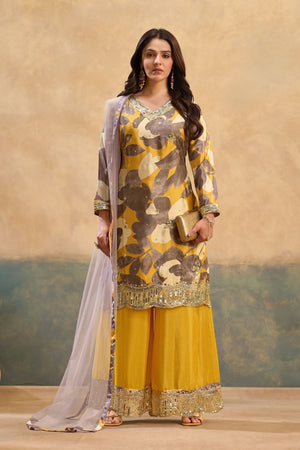 Yellow Printed With Embroidered Chinon Palazzo Suits (ACB1503)
