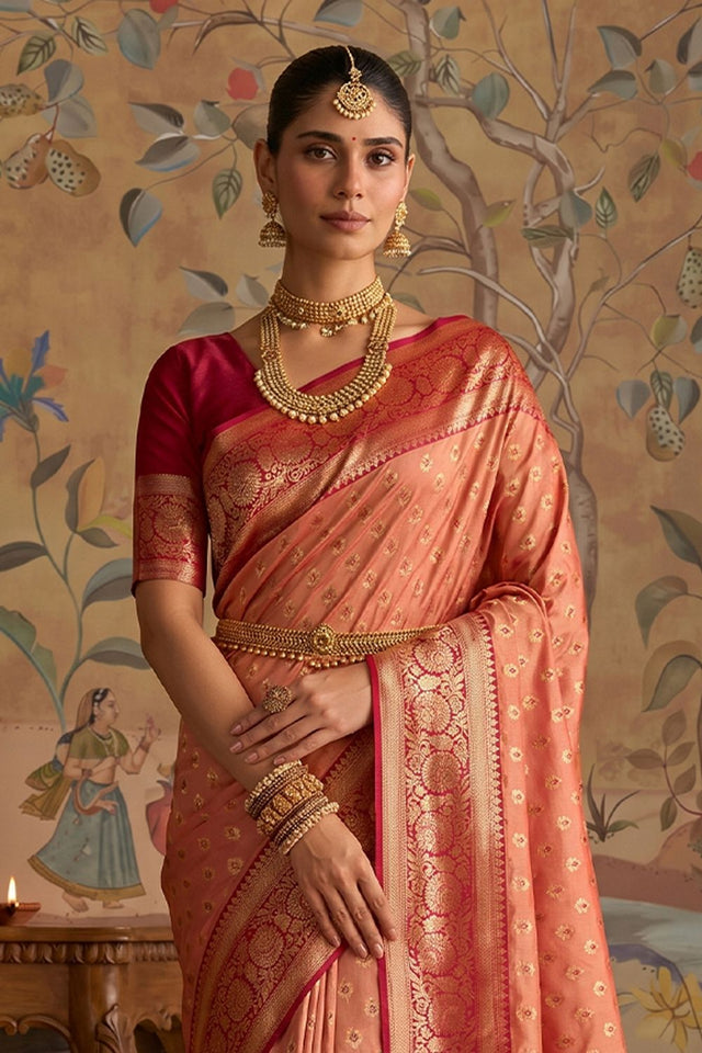 Peach Zari Woven Silk Saree (ACB1505)