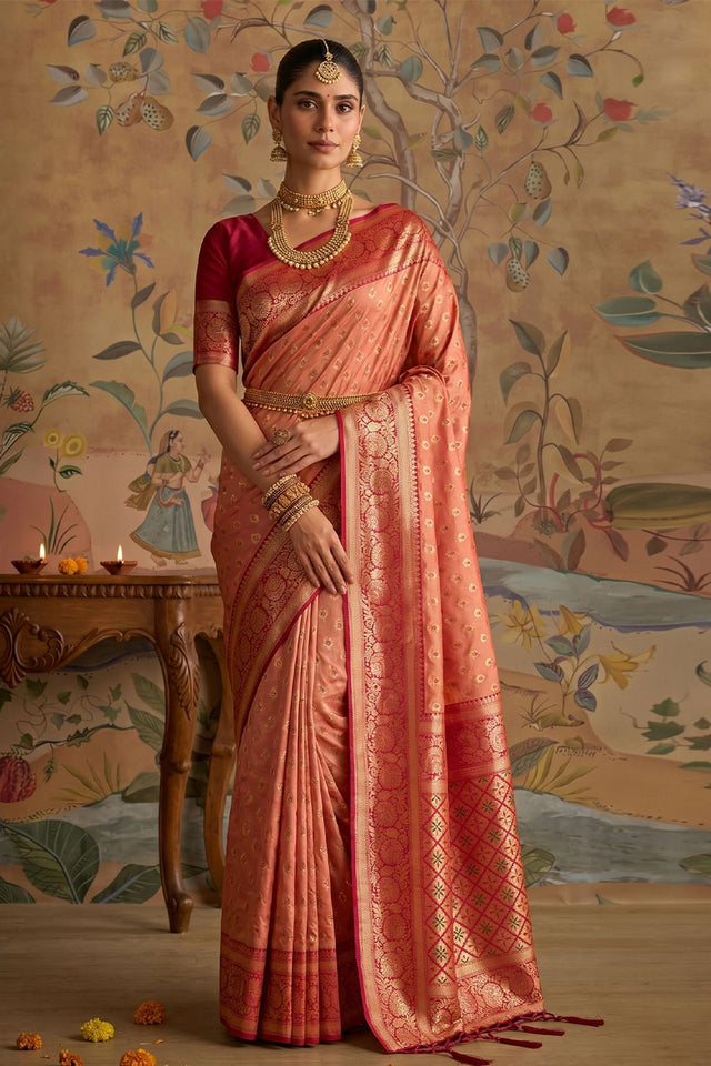 Peach Zari Woven Silk Saree (ACB1505)