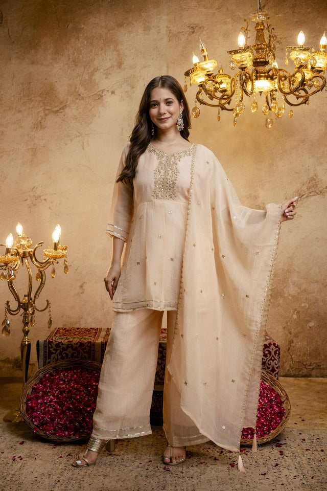 Brown Sequin with Embroidered Chanderi Palazzo Suit (ACB1508)