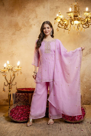 Pink Sequin with Embroidered Chanderi Palazzo Suit (ACB1509)