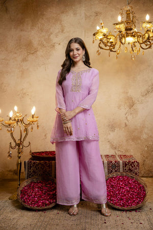 Pink Sequin with Embroidered Chanderi Palazzo Suit (ACB1509)