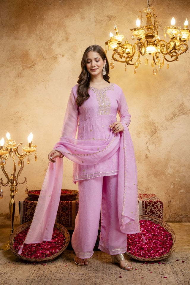 Pink Sequin with Embroidered Chanderi Palazzo Suit (ACB1509)