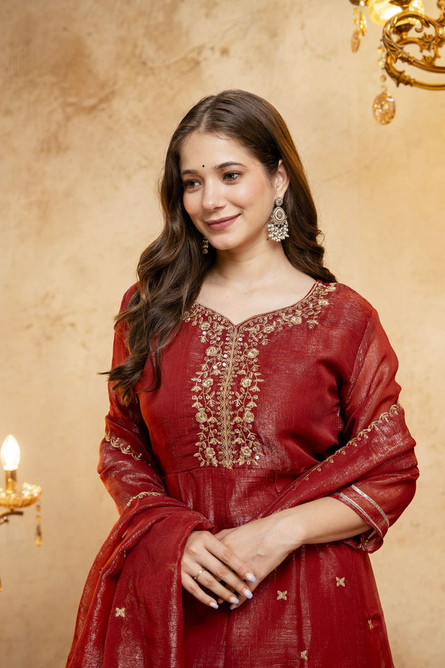Rust Sequin with Embroidered Chanderi Palazzo Suit (ACB1510)