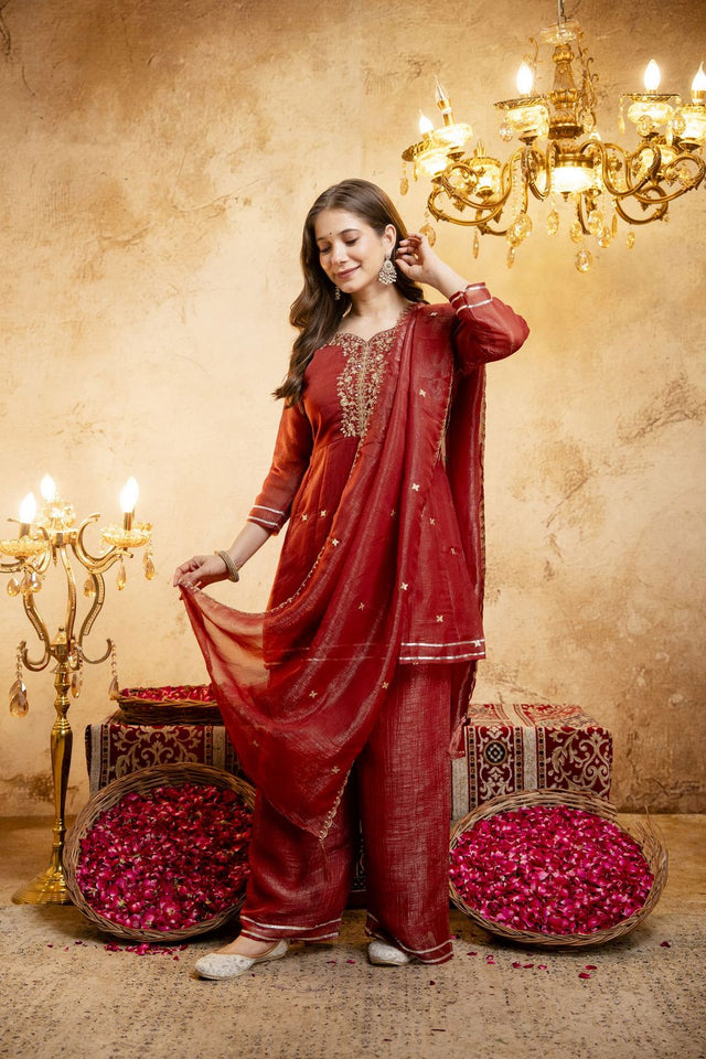 Rust Sequin with Embroidered Chanderi Palazzo Suit (ACB1510)