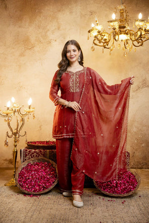 Rust Sequin with Embroidered Chanderi Palazzo Suit (ACB1510)