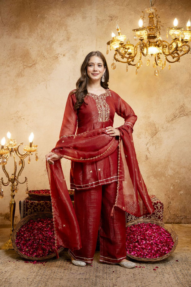 Rust Sequin with Embroidered Chanderi Palazzo Suit (ACB1510)