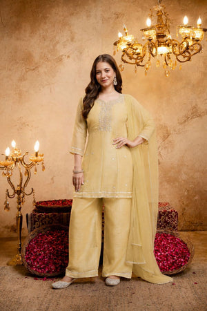 Yellow Sequin with Embroidered Chanderi Palazzo Suit (ACB1511)