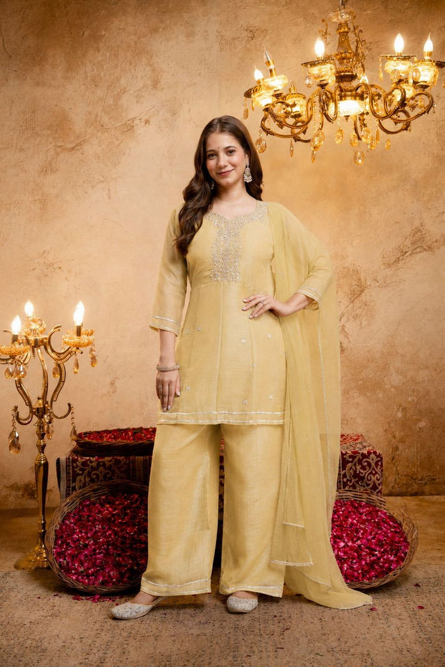 Yellow Sequin with Embroidered Chanderi Palazzo Suit (ACB1511)